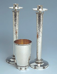 hammered candlesticks and kiddush cup hammershlag